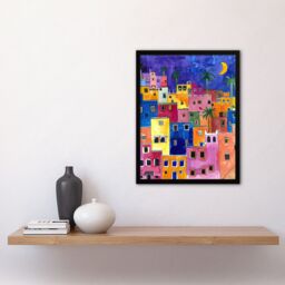 "Artery8 Colourful Moroccan Cityscape At Night Watercolour Framed Art Print - Size: W12"" x H16""" - thumbnail 4