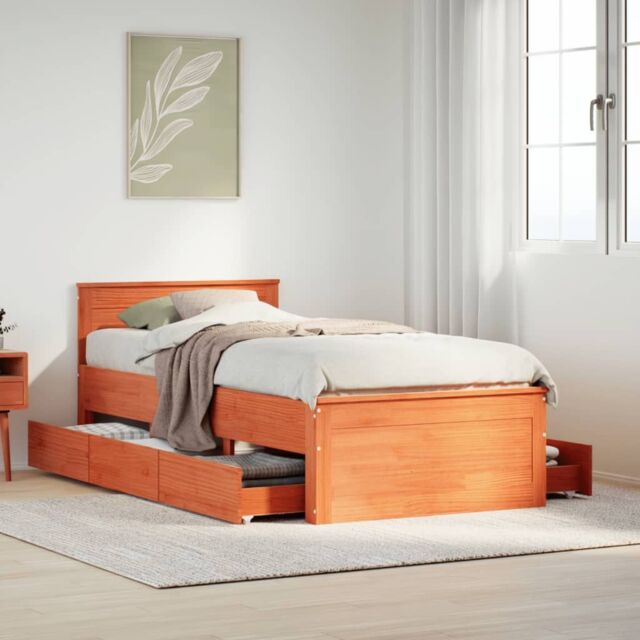 Berkfield Home Bed Frame without Mattress with Headboard Wax Brown 90x200 cm Solid Wood Pine - image 1