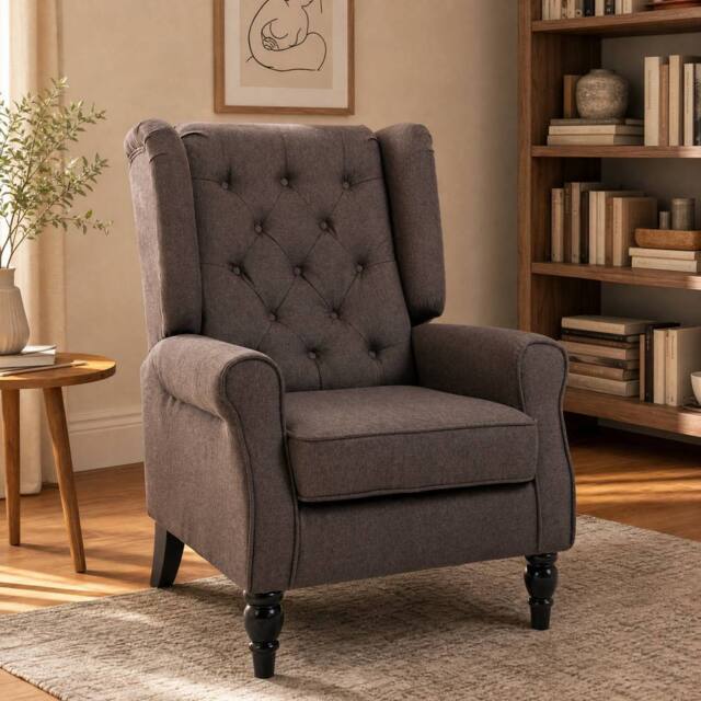 STILVORA Wingback Chair with Linen Upholstery Brown - image 1