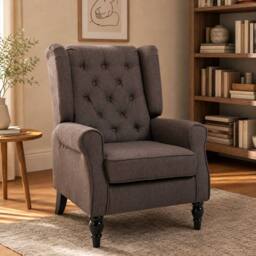 STILVORA Wingback Chair with Linen Upholstery Brown - thumbnail 1