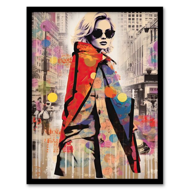 Artery8 Wall Art Print New York Fashion Advert Picture Collage Artwork Woman Colour Fashion Stands Out In Grey City Vibrant Colourful Bold Pop Art - image 1