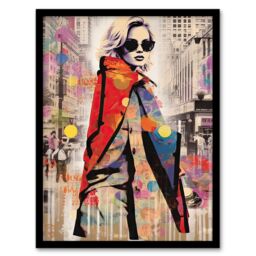 Artery8 Wall Art Print New York Fashion Advert Picture Collage Artwork Woman Colour Fashion Stands Out In Grey City Vibrant Colourful Bold Pop Art - thumbnail 1