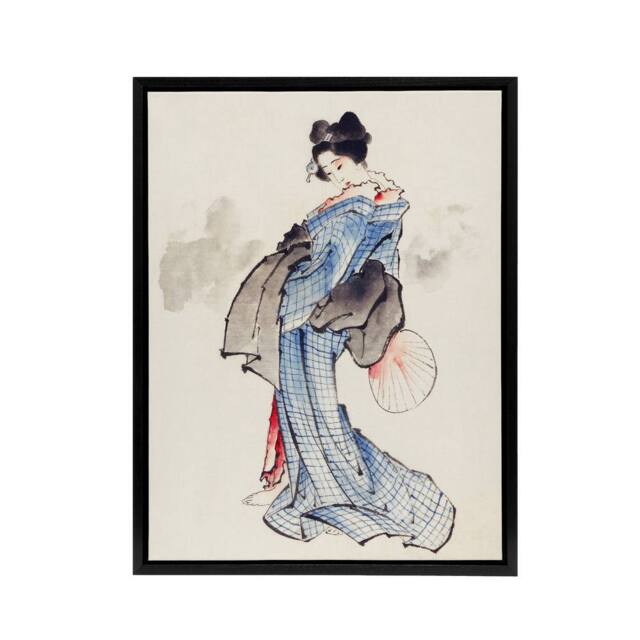 "Artery8 Vintage Japanese Geisha Portrait Framed Canvas Wall Art Print Hokusai in Blue - Size: W12"" x H16""" - image 1