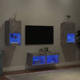 Berkfield Home 4 Piece TV Wall Cabinets with LED Lights Concrete Grey - thumbnail 4