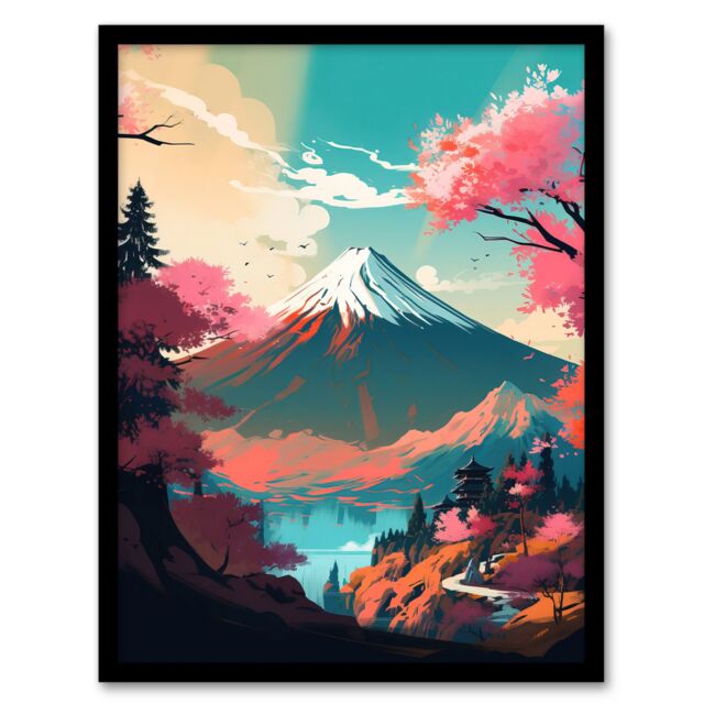 Artery8 Wall Art Print Mount Fuji View Through Cherry Blossom Trees Vibrant Painting Pink Orange Blue Path to Japan Temple on Tranquil Lake Landscape - image 1