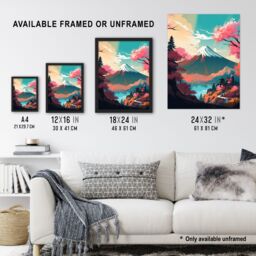 Artery8 Wall Art Print Mount Fuji View Through Cherry Blossom Trees Vibrant Painting Pink Orange Blue Path to Japan Temple on Tranquil Lake Landscape - thumbnail 3