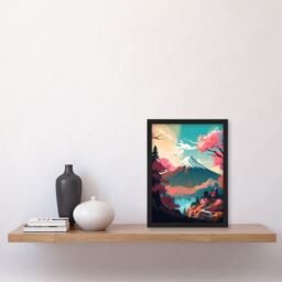Artery8 Wall Art Print Mount Fuji View Through Cherry Blossom Trees Vibrant Painting Pink Orange Blue Path to Japan Temple on Tranquil Lake Landscape - thumbnail 4