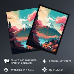 Artery8 Wall Art Print Mount Fuji View Through Cherry Blossom Trees Vibrant Painting Pink Orange Blue Path to Japan Temple on Tranquil Lake Landscape - thumbnail 2