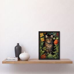 "Artery8 Herbaceous Henry The Garden Tabby Cat Stylish Floral Flower Design Illustration Art Print Framed Poster Wall Decor - Size: W12"" x H16""" - thumbnail 4