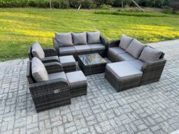 Fimous High Back Rattan Garden Furniture Set with Square Coffee Table 3 Footstools Indoor Outdoor Patio Lounge Sofa Set Dark Grey Mixed - thumbnail 2