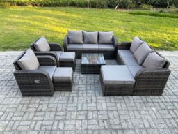 Fimous High Back Rattan Garden Furniture Set with Square Coffee Table 3 Footstools Indoor Outdoor Patio Lounge Sofa Set Dark Grey Mixed - thumbnail 1