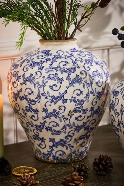 Dibor Vintage Solene Large Blue Botanical Round Flower Vase H28 x Dia23cm in Cream - image 1