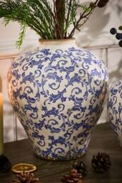 Dibor Vintage Solene Large Blue Botanical Round Flower Vase H28 x Dia23cm in Cream