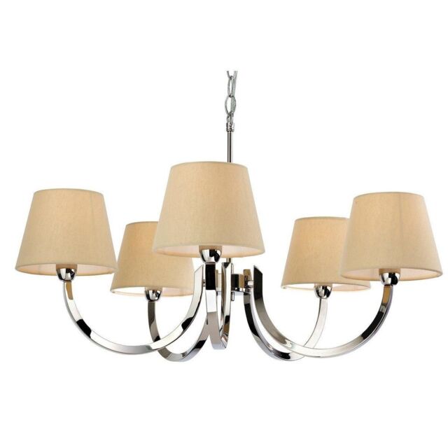 Netlighting Fairmont 5 Light Multi Arm Chandelier Polished Stainless Steel Cream Linen Shade E14 in Beige