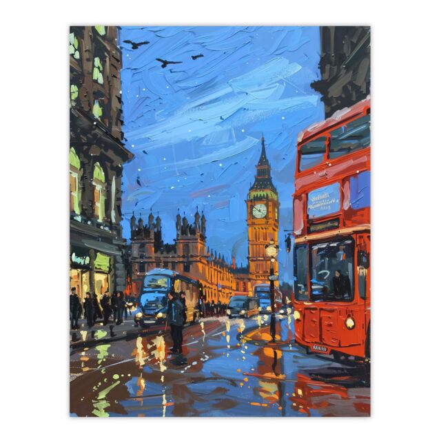 "Artery8 Big Ben London on a Rainy Day Painting Iconic Wall Art Print in Blue - Size: W12"" x H16""" - image 1