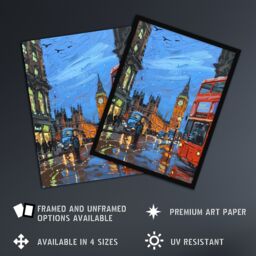 "Artery8 Big Ben London on a Rainy Day Painting Iconic Wall Art Print in Blue - Size: W12"" x H16""" - thumbnail 2