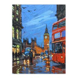 "Artery8 Big Ben London on a Rainy Day Painting Iconic Wall Art Print in Blue - Size: W12"" x H16""" - thumbnail 1