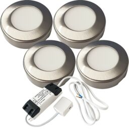 Loops 4x BRUSHED NICKEL Round Surface or Flush Under Cabinet Kitchen Light & Driver Kit - Natural White LED in Metallics