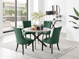 FurnitureboxUK Novara Grey Concrete Effect Black Leg 120cm Round Dining Table & 6 Belgravia Black Leg Chairs in Green