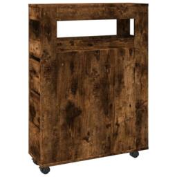 Berkfield Home Narrow Bathroom Cabinet with Wheels Smoked Oak Engineered Wood in Brown - thumbnail 1