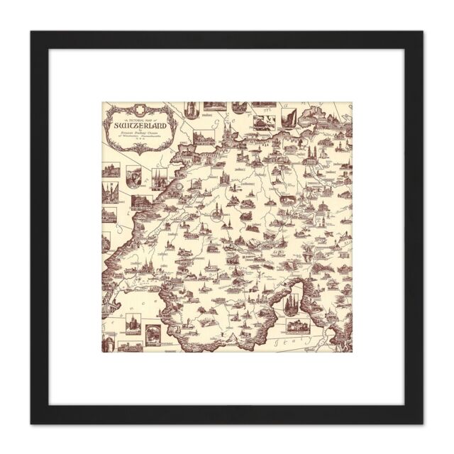 Artery8 1936 Ernest Dudley Chase Pictorial Map Switzerland 8X8 Inch Square Wooden Framed Wall Art Print Picture with Mount in Black - image 1