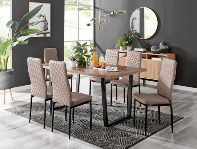 FurnitureboxUK Kylo Large Brown Wood Effect Dining Table & 6 Milan Black Leg Faux Leather Chairs in Beige - image 1