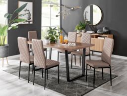 FurnitureboxUK Kylo Large Brown Wood Effect Dining Table & 6 Milan Black Leg Faux Leather Chairs in Beige - thumbnail 1