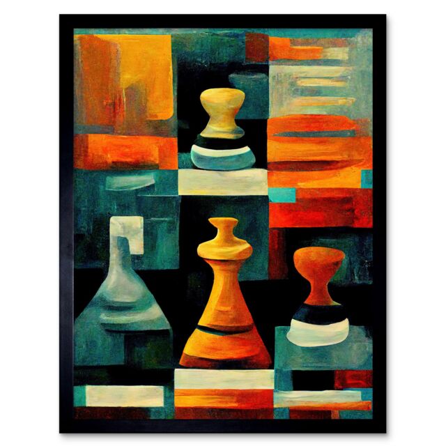 "Artery8 Wall Art Print Chess Board & Pieces Modern Abstract Oil Art Framed in Black - Size: W12"" x H16""" - image 1