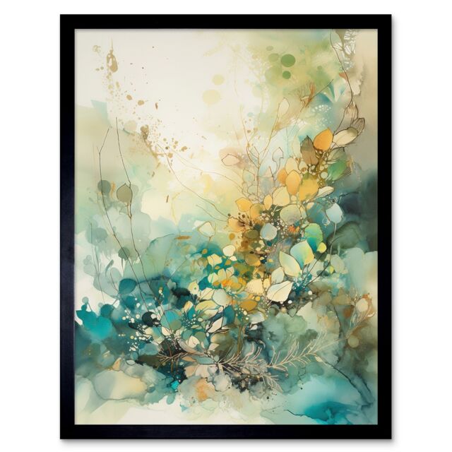 "Artery8 Wall Art Print Wild Plant Flora in Teal Blue & Orange Modern Watercolour Painting Art Framed in Black - Size: W12"" x H16""" - image 1
