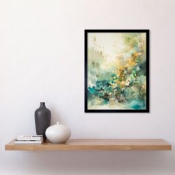 "Artery8 Wall Art Print Wild Plant Flora in Teal Blue & Orange Modern Watercolour Painting Art Framed in Black - Size: W12"" x H16""" - thumbnail 2