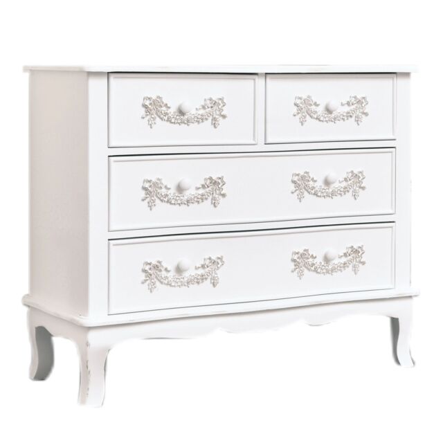Melody Maison Antique White 4 Drawer Chest Of Drawer & Pair Of 3 Drawer Bedside Tables - Pays Blanc Range - image 1