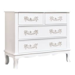 Melody Maison Antique White 4 Drawer Chest Of Drawer & Pair Of 3 Drawer Bedside Tables - Pays Blanc Range - thumbnail 1