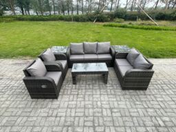 Fimous Outdoor Rattan Garden Furniture Set Rattan Lounge Sofa Set with Rectangular Coffee Table 2 Side Tables Dark Grey Mixed - thumbnail 1