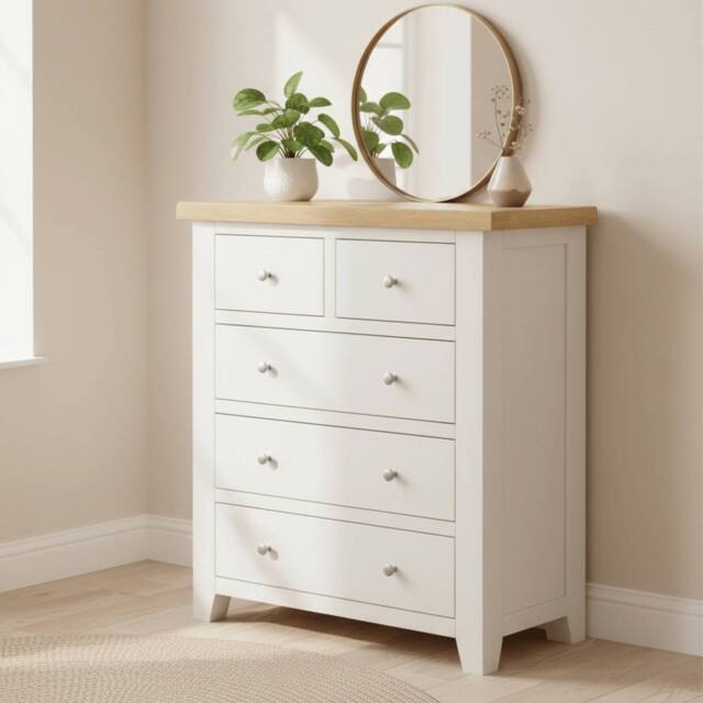 Home Source Solid Wooden Storage Chest 5 Drawer Bedroom Clothing Storage Organiser in White - image 1