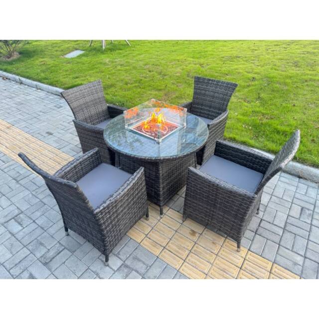 Fimous Rattan Garden Furniture Set Round 100cm Gas Firepit Table & 4 Chairs in Dark Grey - image 1