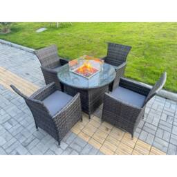 Fimous Rattan Garden Furniture Set Round 100cm Gas Firepit Table & 4 Chairs in Dark Grey - thumbnail 1
