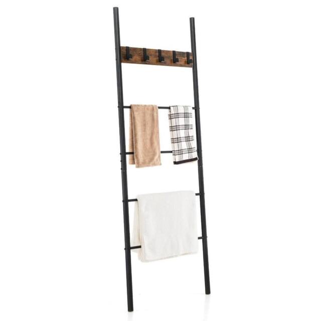 VOGREX 5-Tier Leaning Blanket Ladder with 5 Removable Hooks in Brown - image 1