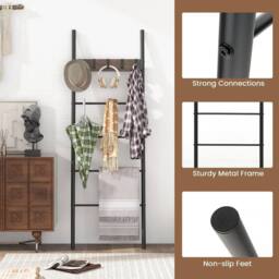 VOGREX 5-Tier Leaning Blanket Ladder with 5 Removable Hooks in Brown - thumbnail 6