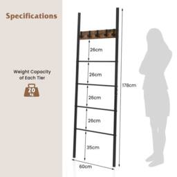 VOGREX 5-Tier Leaning Blanket Ladder with 5 Removable Hooks in Brown - thumbnail 2