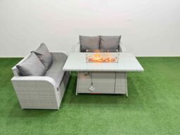 Fimous 4 Seater Outdoor Love Sofa Set Rattan Garden Furniture Set with Firepit Dining Table Light Grey - thumbnail 1