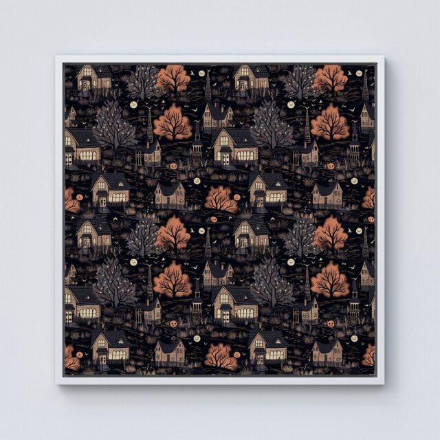 Warren Reed - Designer Spooky Haunted Houses Pattern Framed Canvas in Off-White - Size: w40 inch x h40 inch - image 1