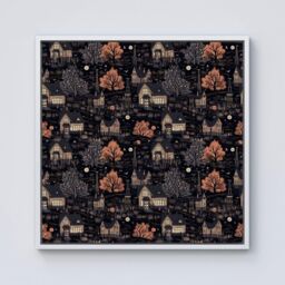 Warren Reed - Designer Spooky Haunted Houses Pattern Framed Canvas in Off-White - Size: w40 inch x h40 inch - thumbnail 1