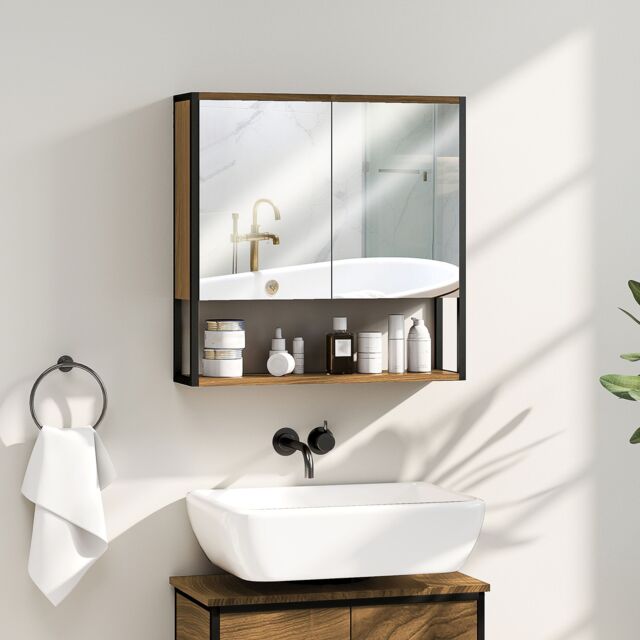 HOMCOM Industrial Bathroom Cabinet with 2 Mirrored Doors Open Shelf, Natural - Size: W600mm x H600mm