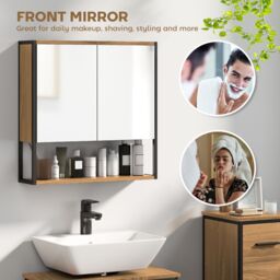 HOMCOM Industrial Bathroom Cabinet with 2 Mirrored Doors Open Shelf, Natural - Size: W600mm x H600mm - thumbnail 4