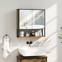 HOMCOM Industrial Bathroom Cabinet with 2 Mirrored Doors Open Shelf, Natural - Size: W600mm x H600mm