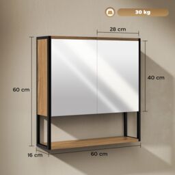 HOMCOM Industrial Bathroom Cabinet with 2 Mirrored Doors Open Shelf, Natural - Size: W600mm x H600mm - thumbnail 3
