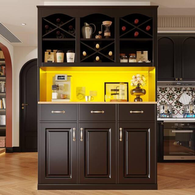 Merax Black Tall Kitchen Buffet Cabinet with LED, 3 Drawers & Wine Rack - image 1