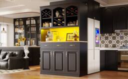Merax Black Tall Kitchen Buffet Cabinet with LED, 3 Drawers & Wine Rack - thumbnail 3