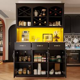 Merax Black Tall Kitchen Buffet Cabinet with LED, 3 Drawers & Wine Rack - thumbnail 2