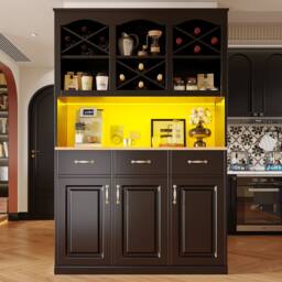 Merax Black Tall Kitchen Buffet Cabinet with LED, 3 Drawers & Wine Rack - thumbnail 1